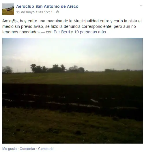 Así dio la triste noticia en su Facebook el Aeroclub San Antonio de Areco