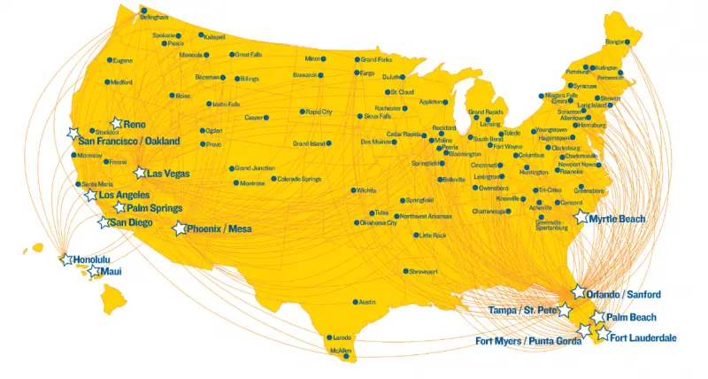 Mapa de rutas de Allegiant Air