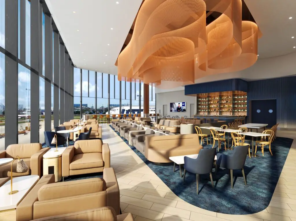 Render del Lounge VIP de LOT en Chicago O'Hare