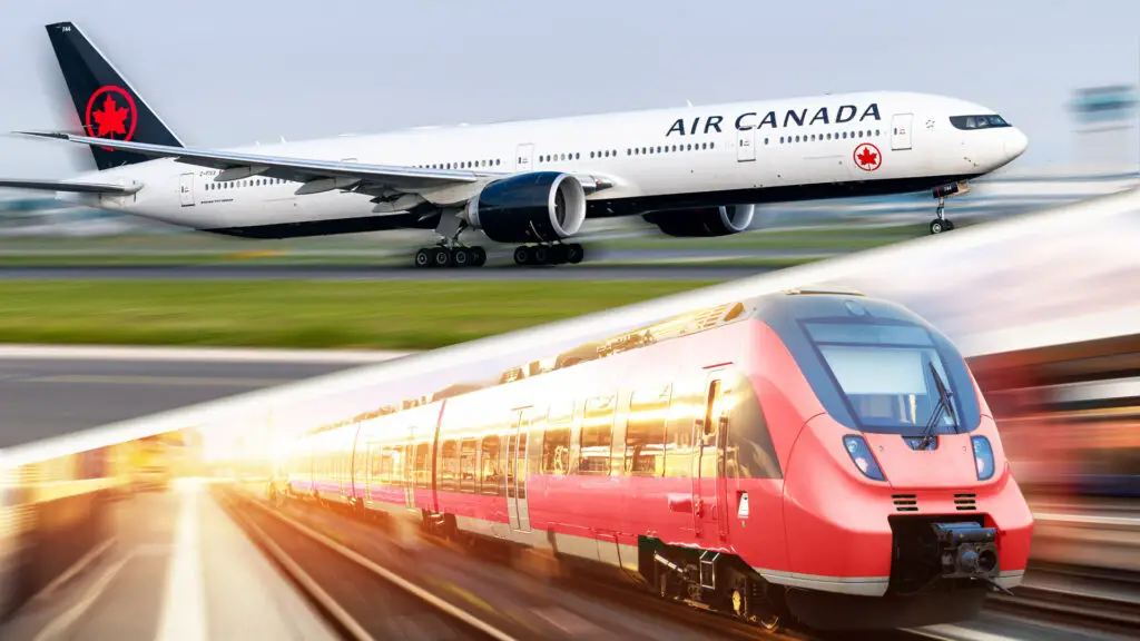 Avion de Air Canadá y tren en un collage