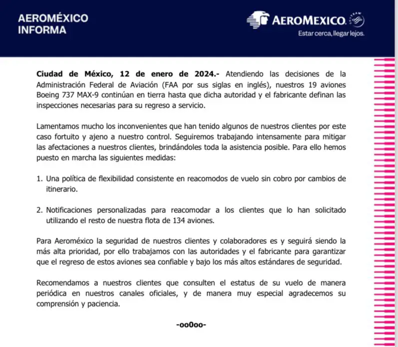 Carta del Boeing 737-9 de Aeromexico