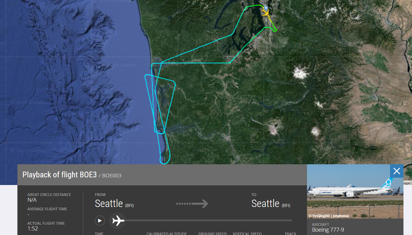 Vuelo de prueba del Boeing 777-9 N779XX - Captura Flightradar24