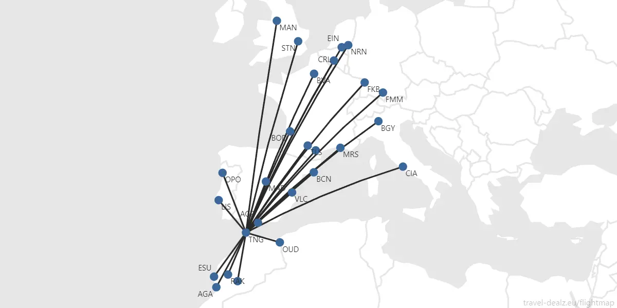 Mapa de rutas Ryanair Tanger verano 2024