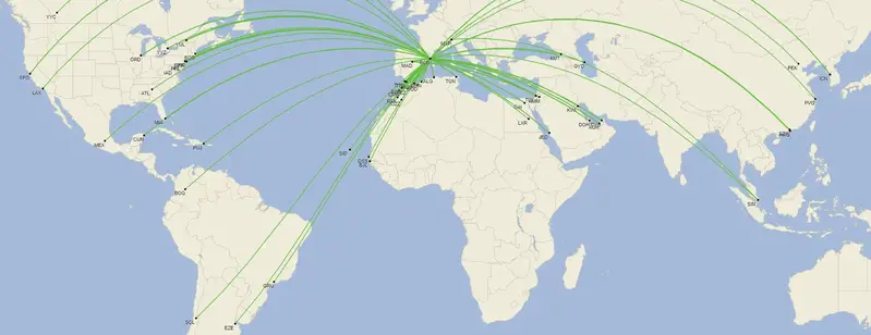 Red de destinos extraeuropeos de Barcelona-El Prat, septiembre 2024 (mapa realizado con Cirium Schedule Mapper)