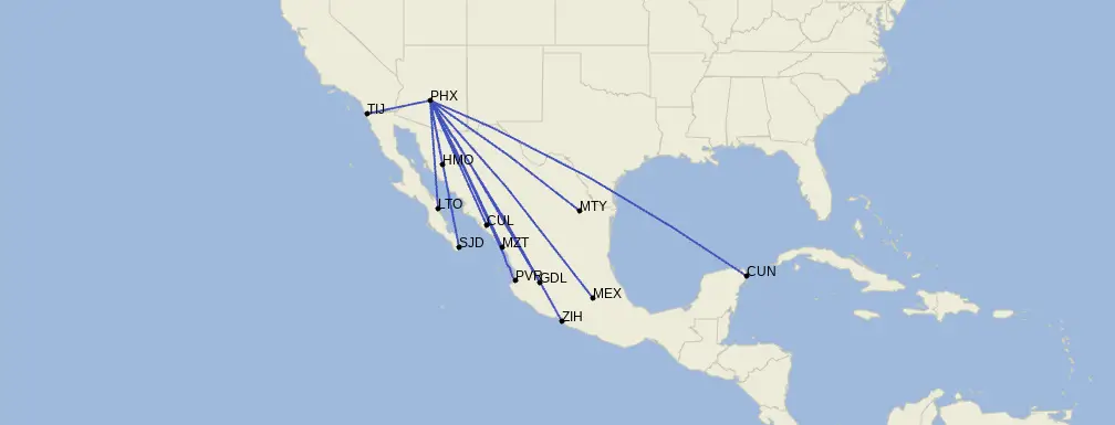 Red de destinos entre Phoenix y México.