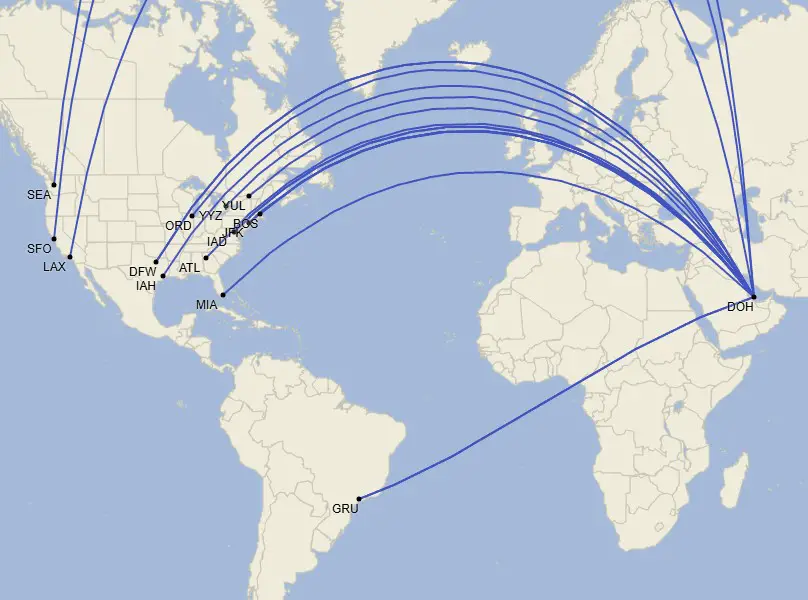 Red de Qatar Airways en América - Noviembre 2024 (Cirium Schedule Mapper)